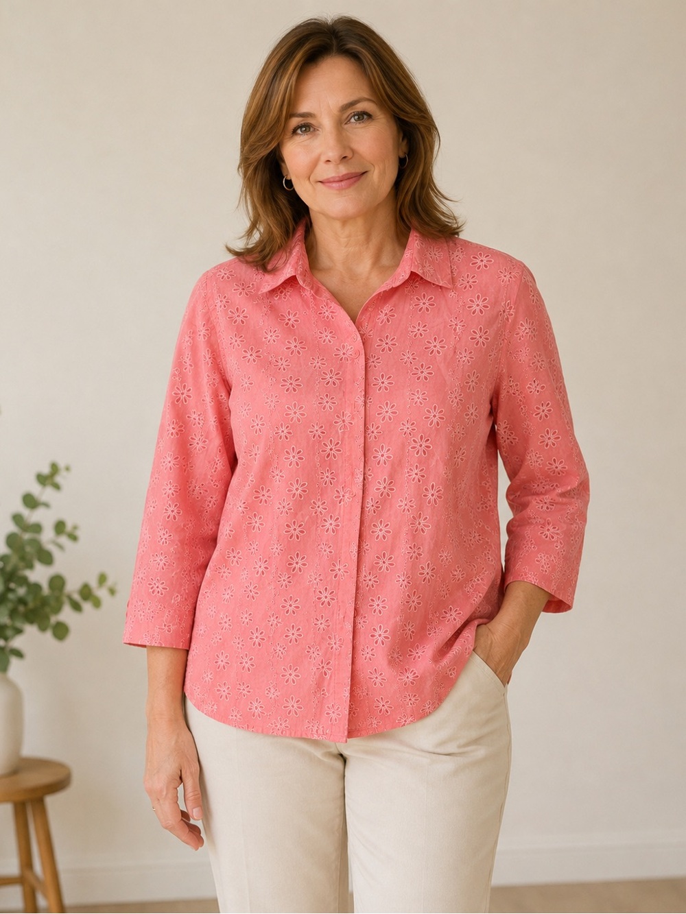 Alfred Dunner Coral Eyelet Button-Down Shirt